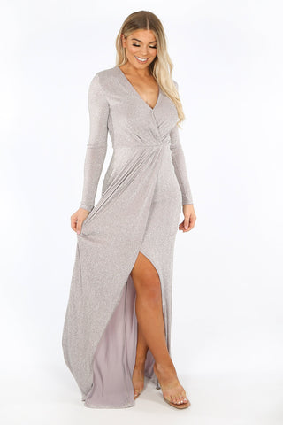 Silver Long Sleeve Lurex Maxi Dress ...